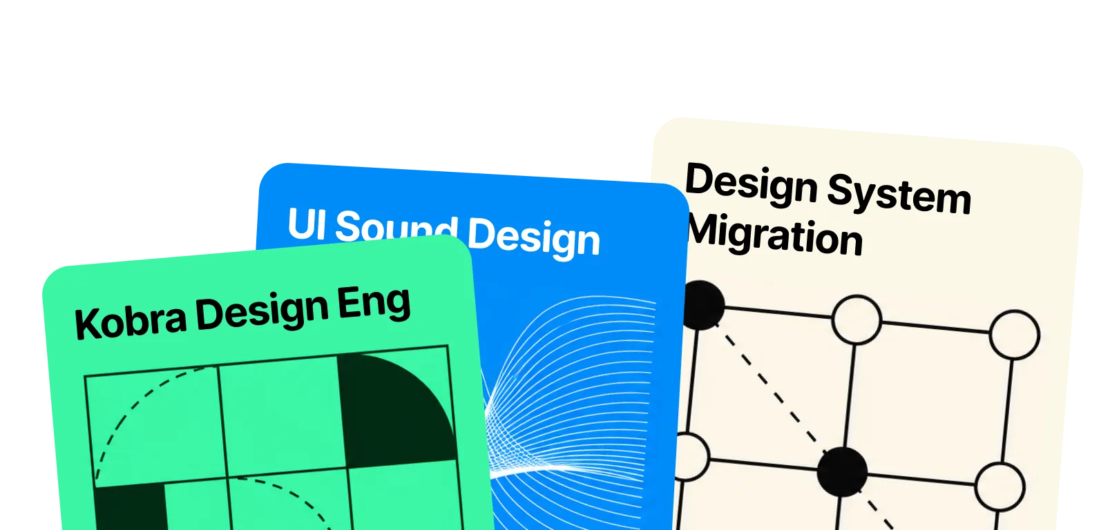 Three agent skill cards, fanned out: Kobra Design Eng, UI Sound Design, and Design System Migration.