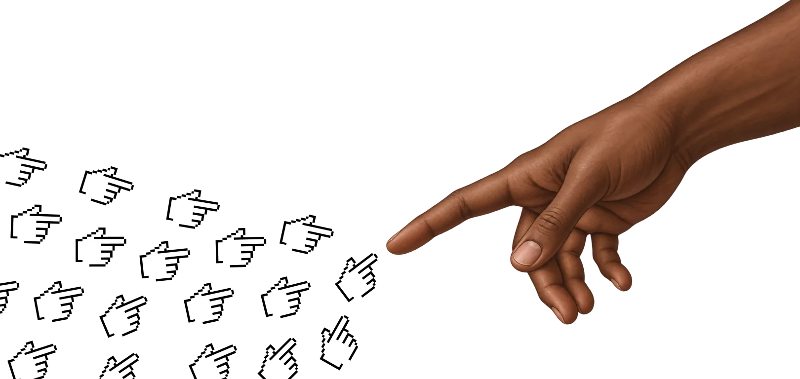 A hand reaching out toward a scatter of pixel cursor glyphs, fingertip to fingertip.